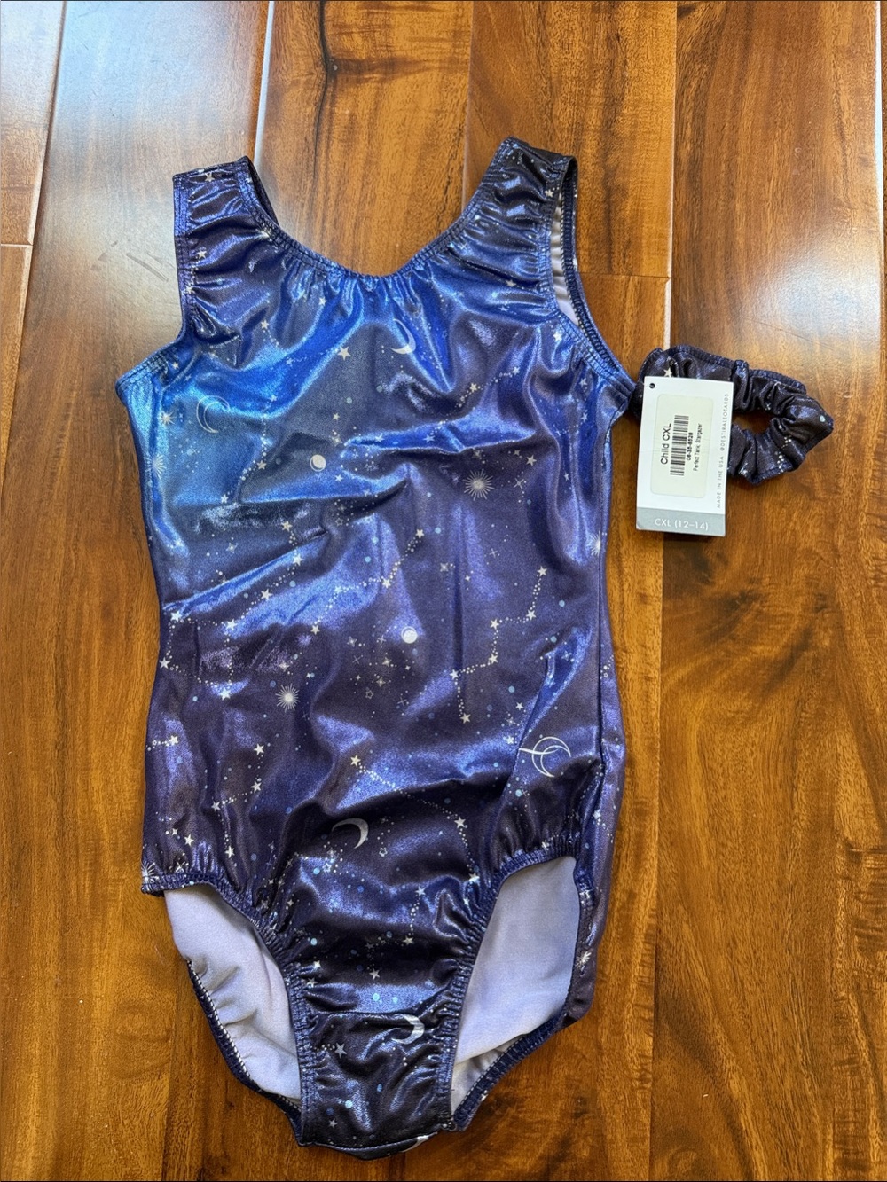 Kids size CXL (12-14 years old) Gymnastics Leotard with Scrunchie - Navy Purple